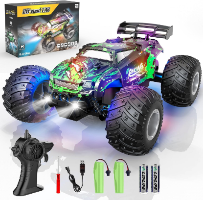 Picture of Remote Control Car, 1:18 Scale All Terrain RC Cars, 2WD 20Km/h with Colorful LedLight and Two Rechargeable Batteries, Remote Control Monster Truck Off Road Racing Car Toys for Kids and Boys