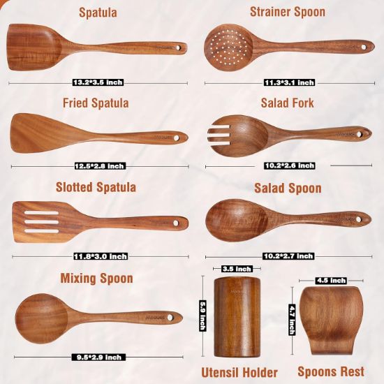 Picture of 9 Piece Natural Teak Wooden Kitchen Utensil Set with Spoon Rest - Comfort Grip Cooking Spoons and Utensils Holder