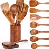 Picture of 9 Piece Natural Teak Wooden Kitchen Utensil Set with Spoon Rest - Comfort Grip Cooking Spoons and Utensils Holder