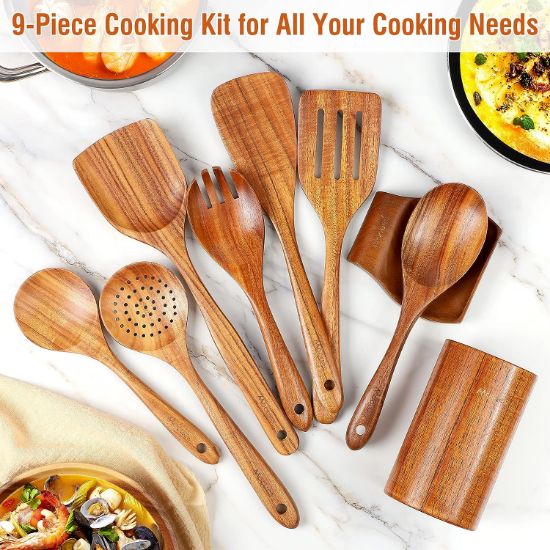 Picture of 9 Piece Natural Teak Wooden Kitchen Utensil Set with Spoon Rest - Comfort Grip Cooking Spoons and Utensils Holder