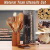 Picture of 9 Piece Natural Teak Wooden Kitchen Utensil Set with Spoon Rest - Comfort Grip Cooking Spoons and Utensils Holder