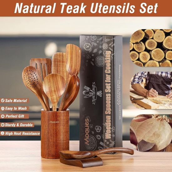 Picture of 9 Piece Natural Teak Wooden Kitchen Utensil Set with Spoon Rest - Comfort Grip Cooking Spoons and Utensils Holder