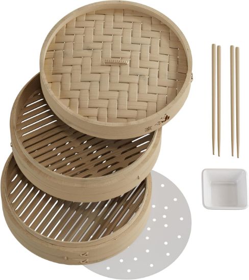 Picture of  Bamboo Steamer Basket 10-inch | 2-Tier Steamer for Cooking | 50 Liners