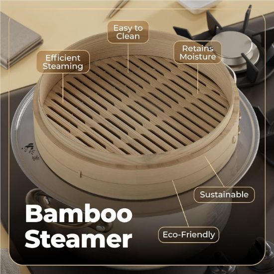 Picture of  Bamboo Steamer Basket 10-inch | 2-Tier Steamer for Cooking | 50 Liners