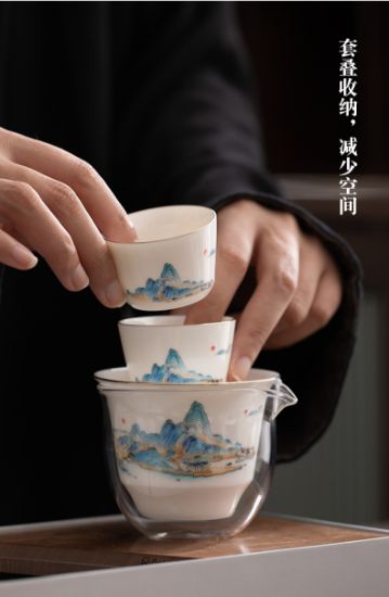 Picture of Dingliu Qianli Jiangshan Leather Box Travelling Tea Set