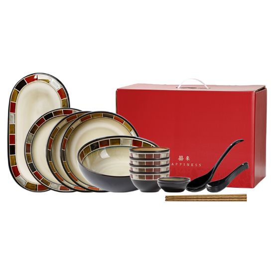 Picture of Dingliu Red Checked Tableware Set European and American Style Tableware Set Daily Porcelain Gift Set