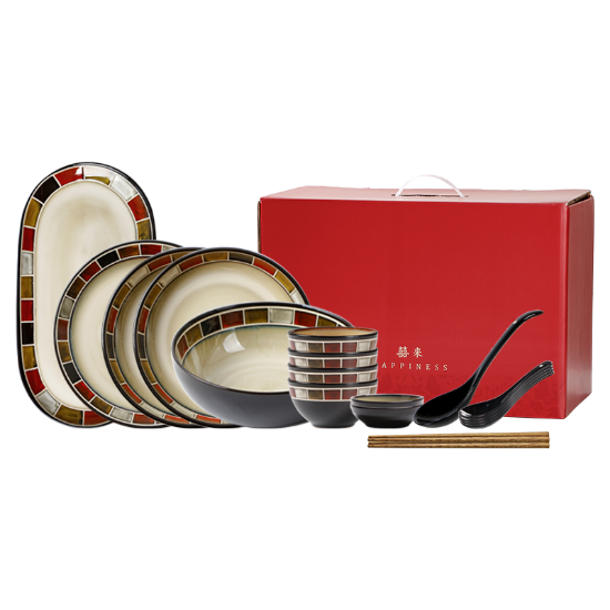 Picture of Dingliu Red Checked Tableware Set European and American Style Tableware Set Daily Porcelain Gift Set