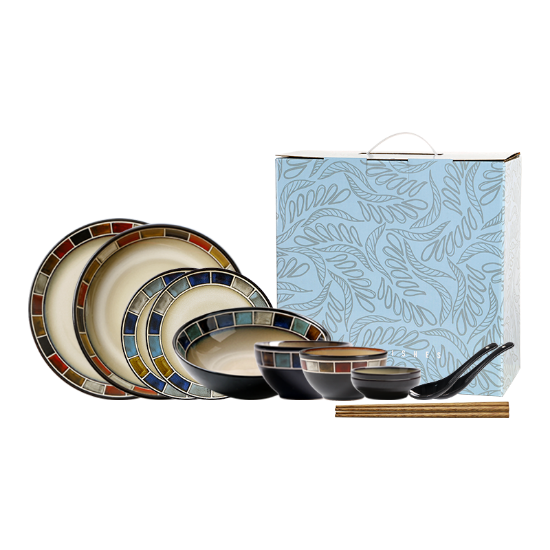 Picture of Dingliu blue checkered daily porcelain tableware set European and American style tableware set gift box