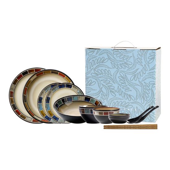 Picture of Dingliu blue checkered daily porcelain tableware set European and American style tableware set gift box