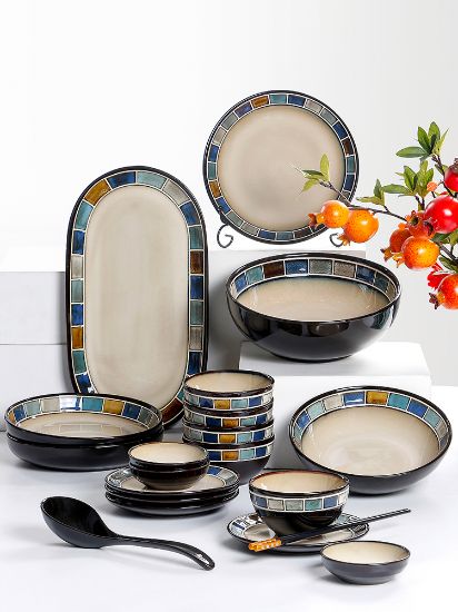 Picture of Dingliu blue checkered daily porcelain tableware set European and American style tableware set gift box