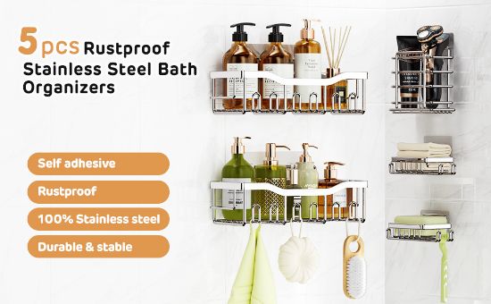 Picture of Shower Organizer No Drilling,5 Pack Rustproof Stainless Steel Shower Shelves,Thickened Shower Caddy with Soap Holder and Hooks,Large Capacity Shower Shelf for Bathroom and Kitchen (Silver)